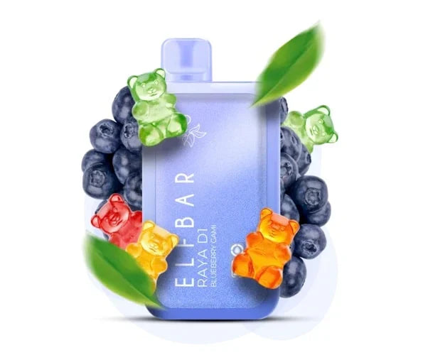 Elfbar Raya D1 Blueberry Gami vape with gummy bears and blueberries for a sweet flavor experience